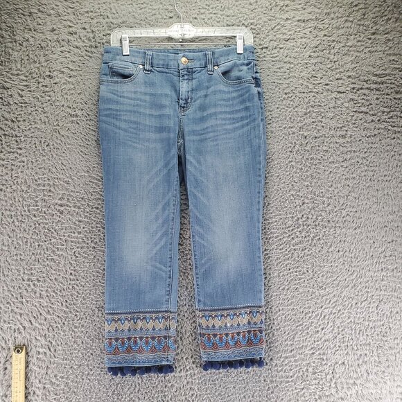 Chicos Jeans Womens 0P US 4 Petite Girlfriend Slim Leg Crop Embroidered Hem - Picture 1 of 12